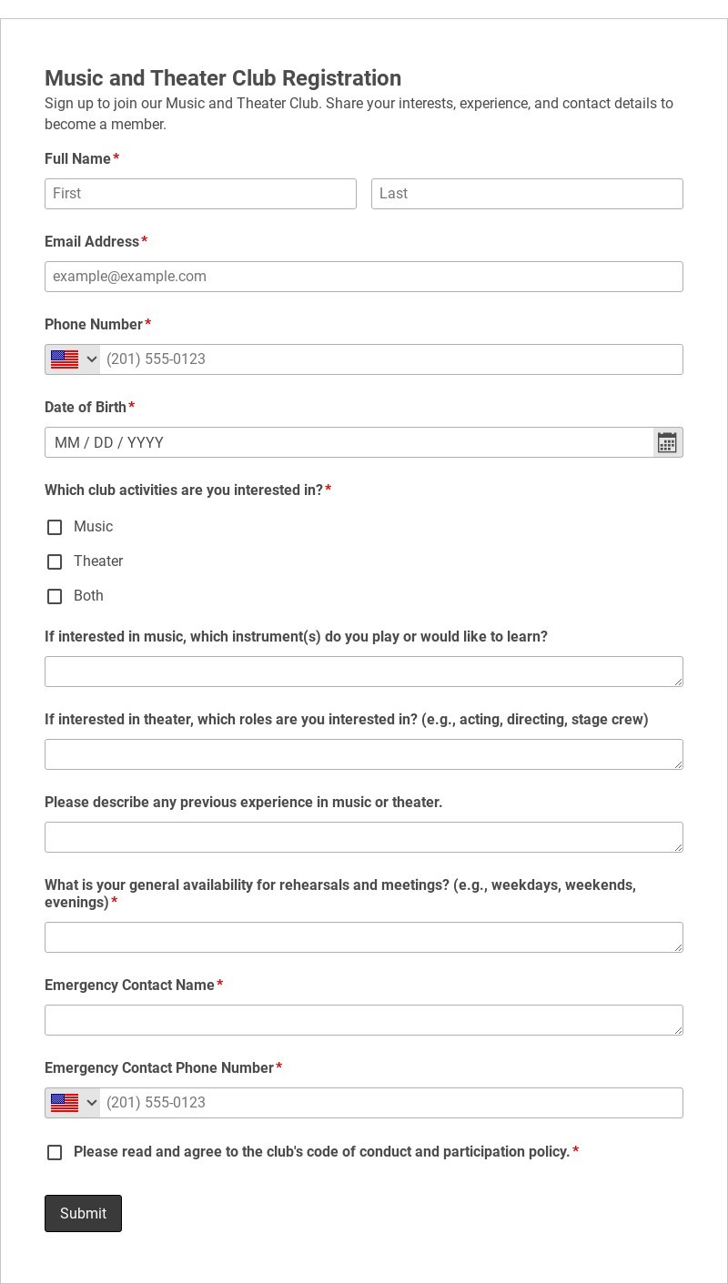 Music and Theater Club Registration Template form template