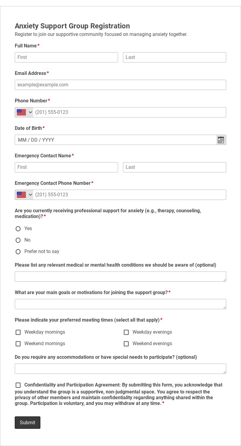 Anxiety Support Group Registration Template form template