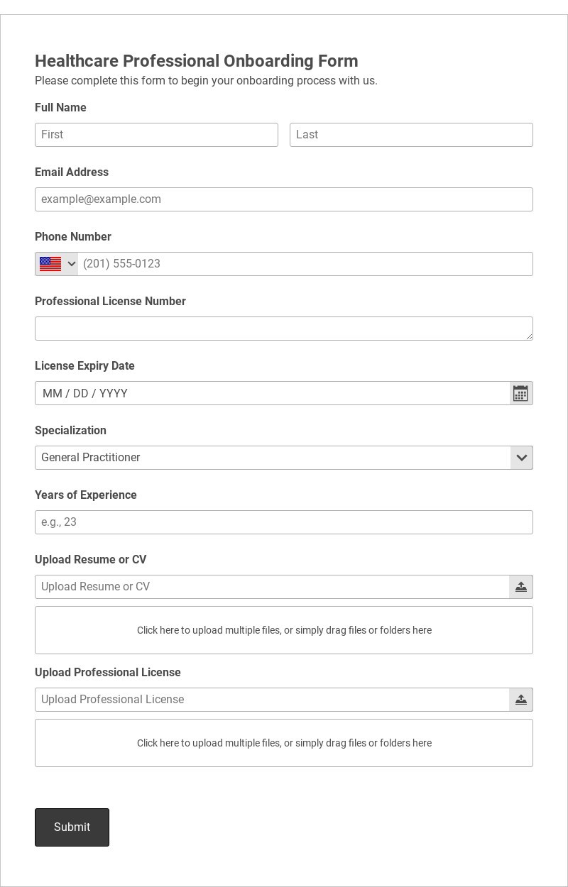 Healthcare Professional Onboarding Form Template form template