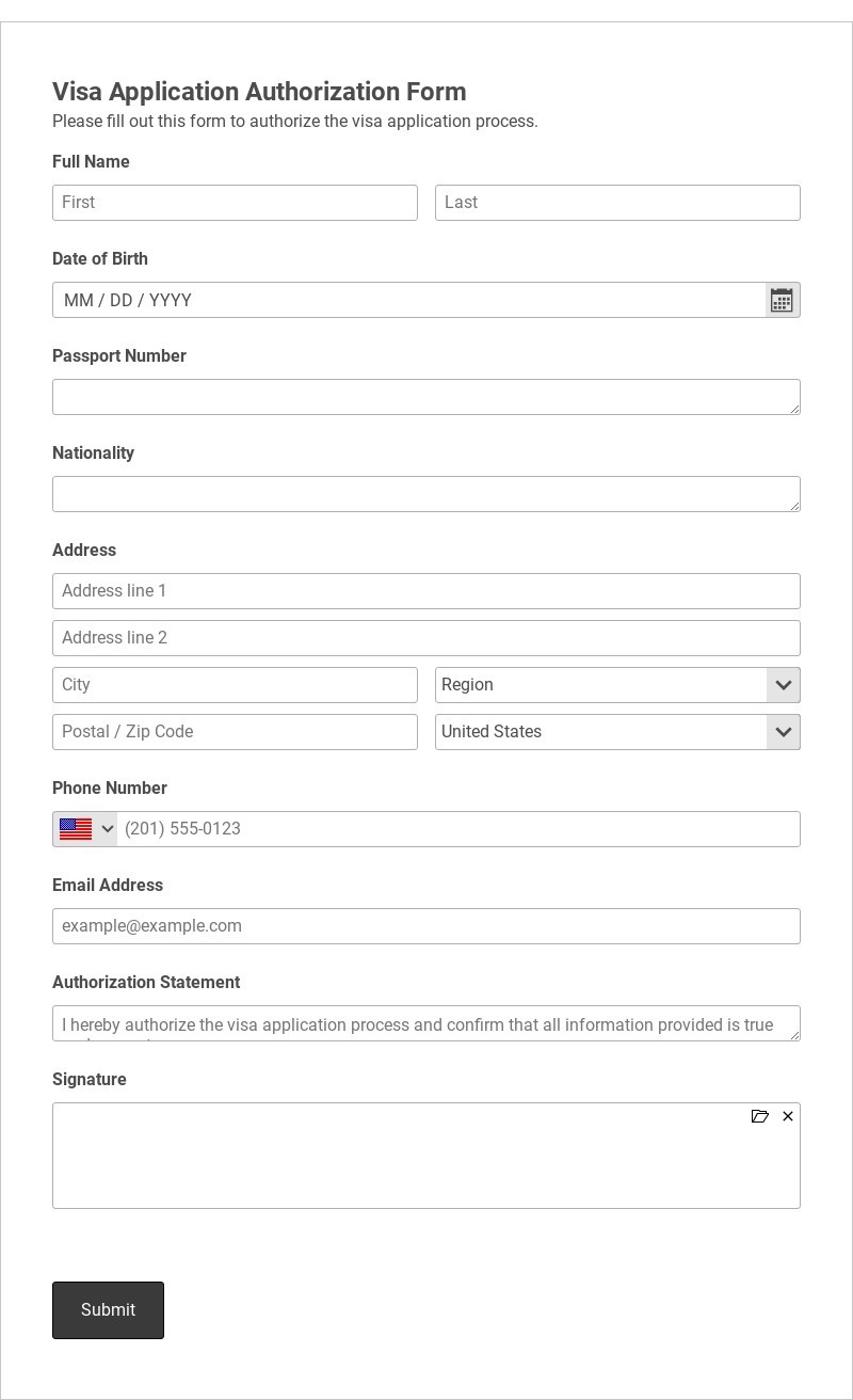 Visa Application Authorization Form Template form template