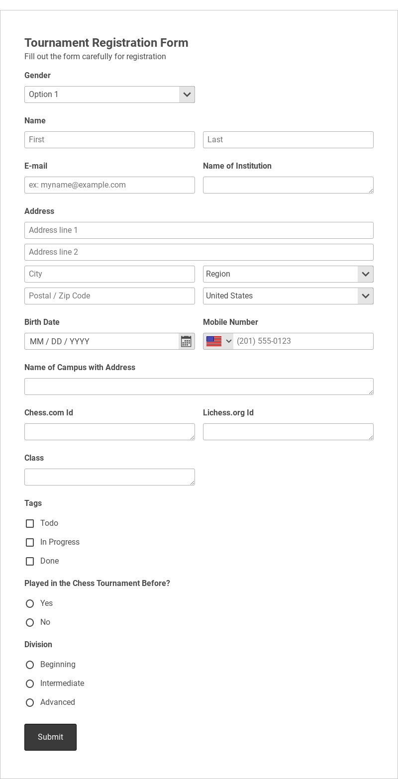 Chess Tournament Registration Form Template form template