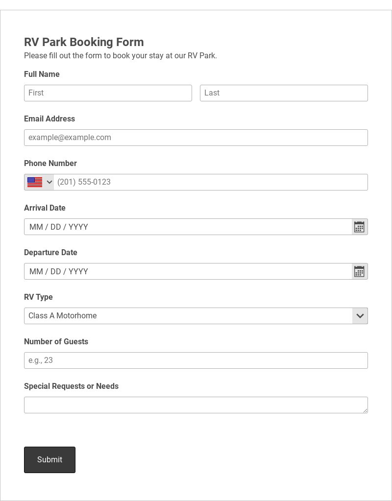 RV Park Booking Form Template form template