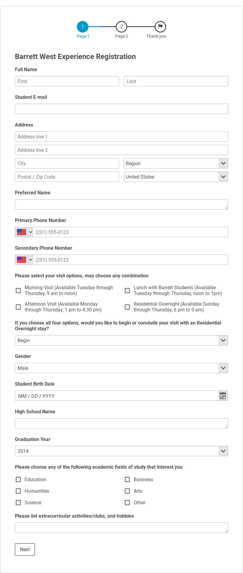 College First Visit Experience Template form template