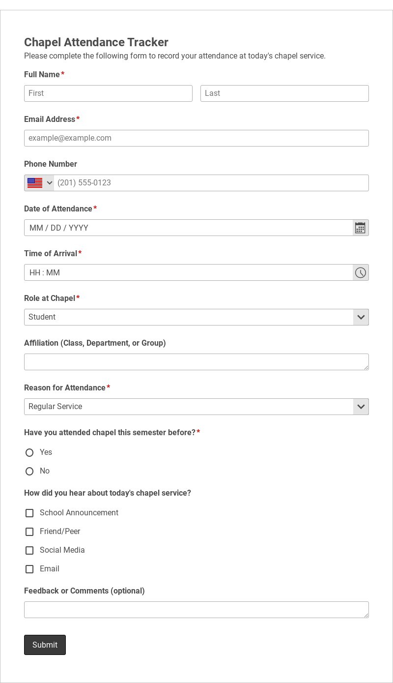 Chapel Attendance Tracker Template form template