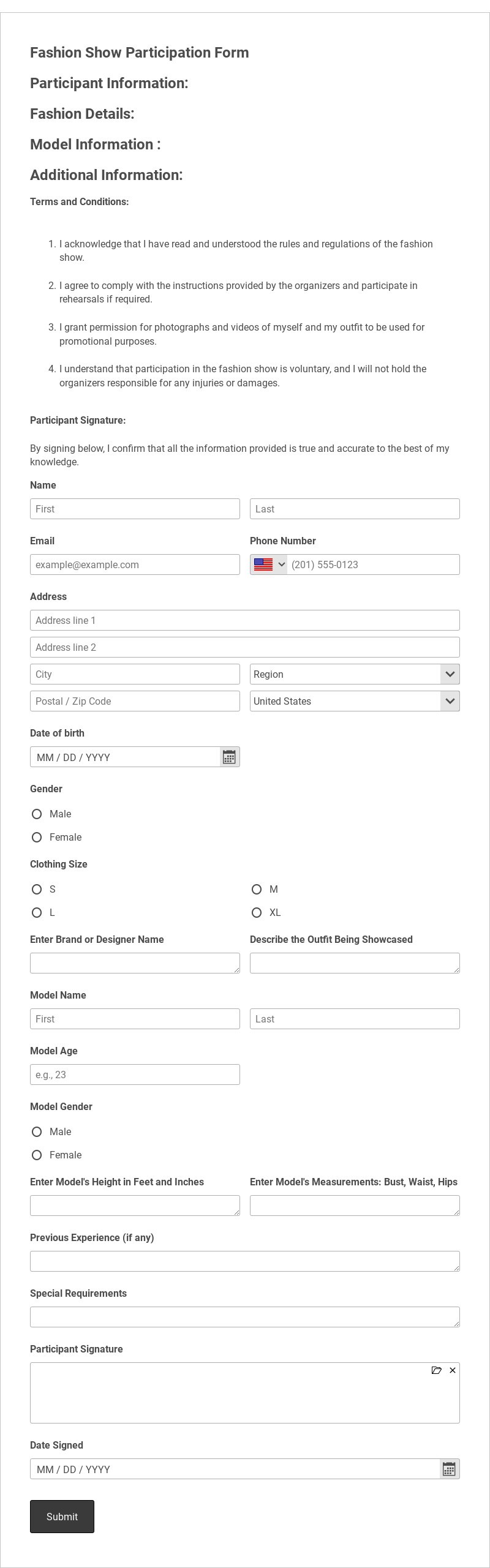 Fashion Show Participation Request Form Template form template