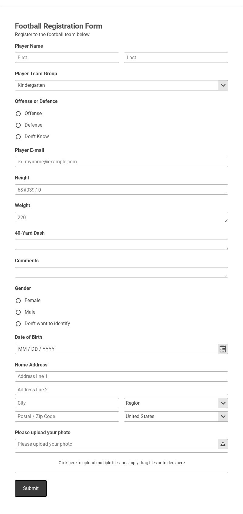Football Registration Form Template form template
