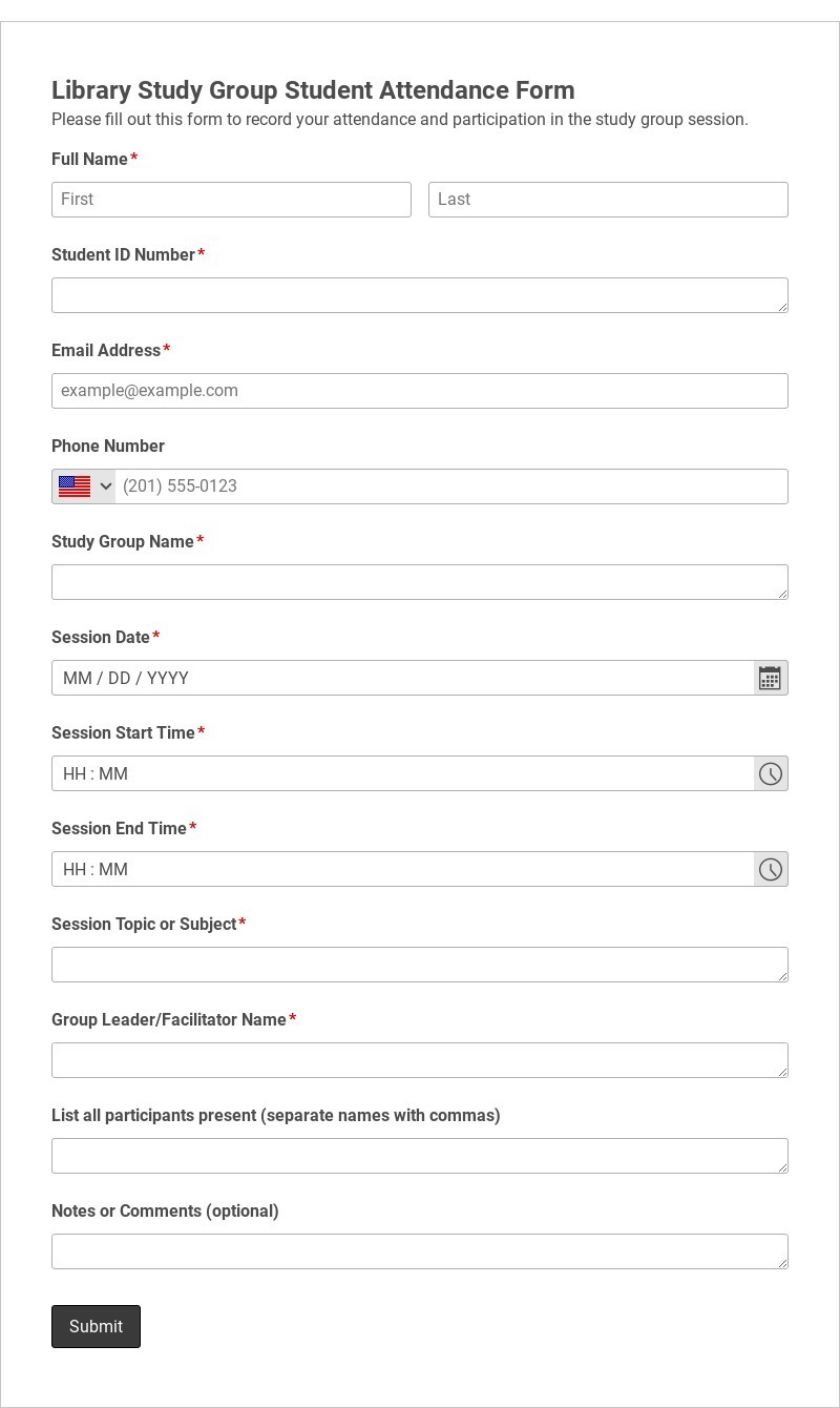 Library Study Group Student Attendance Form Template form template