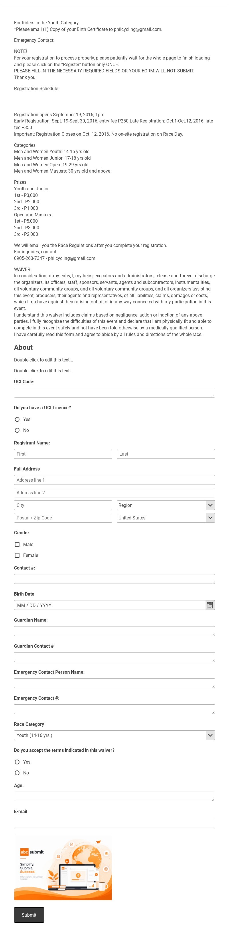 Mountain Bike Cups Registration Template form template