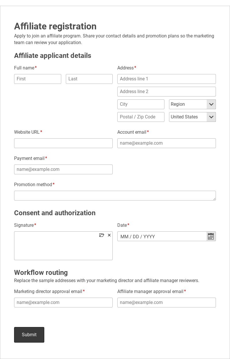 Affiliate Registration Approval Process Template form template