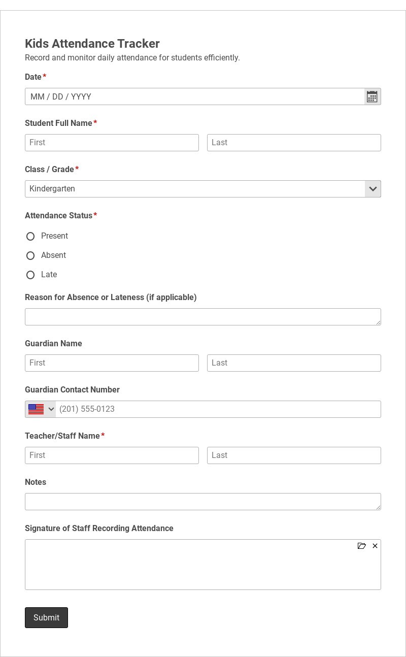 Kids Attendance Tracker Template form template