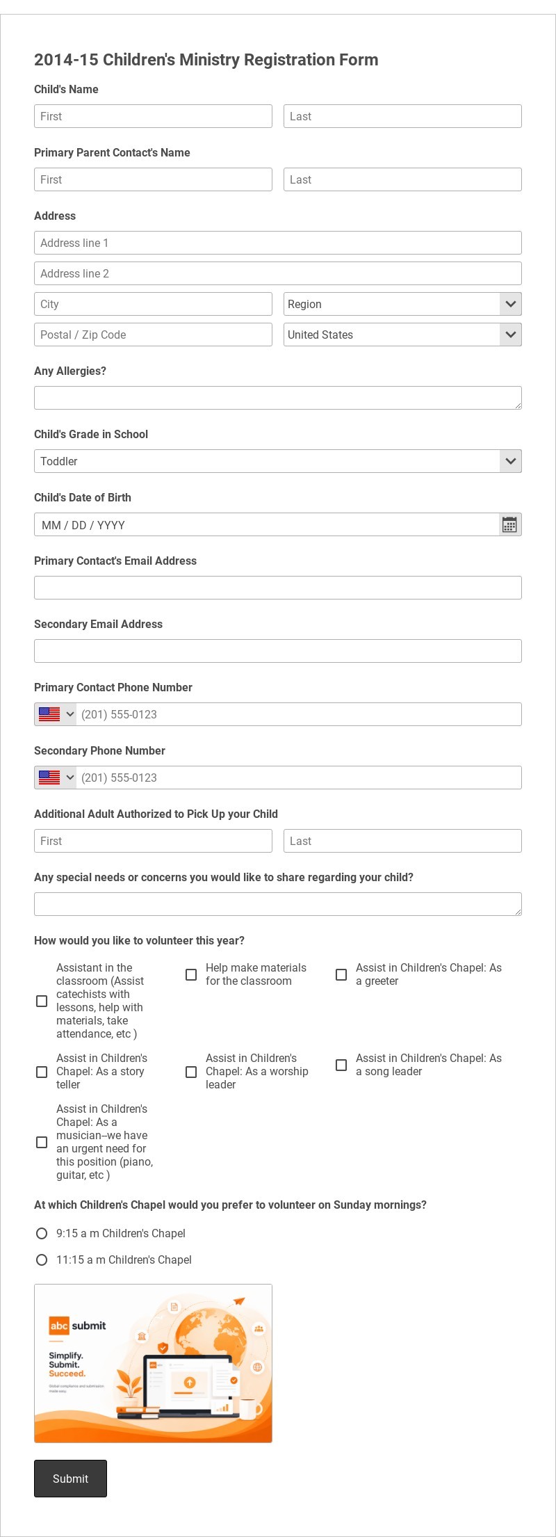 Children's Ministry Registration Form Template form template