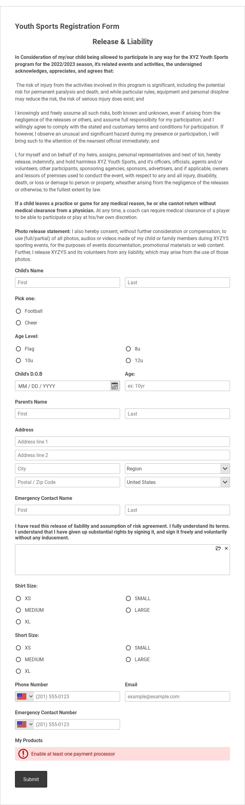 Youth Sports Registration Form Template form template