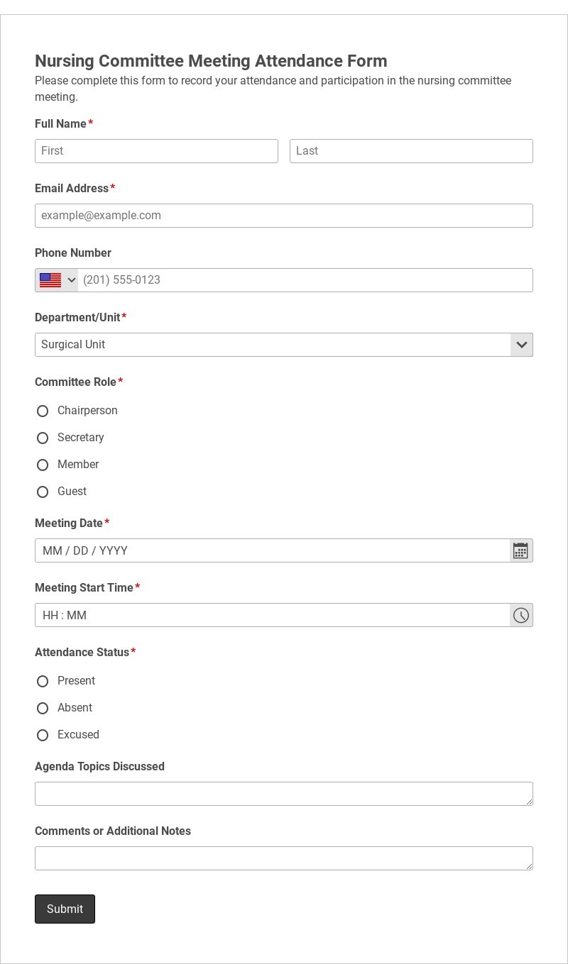 Nursing Committee Meeting Attendance Form Template form template