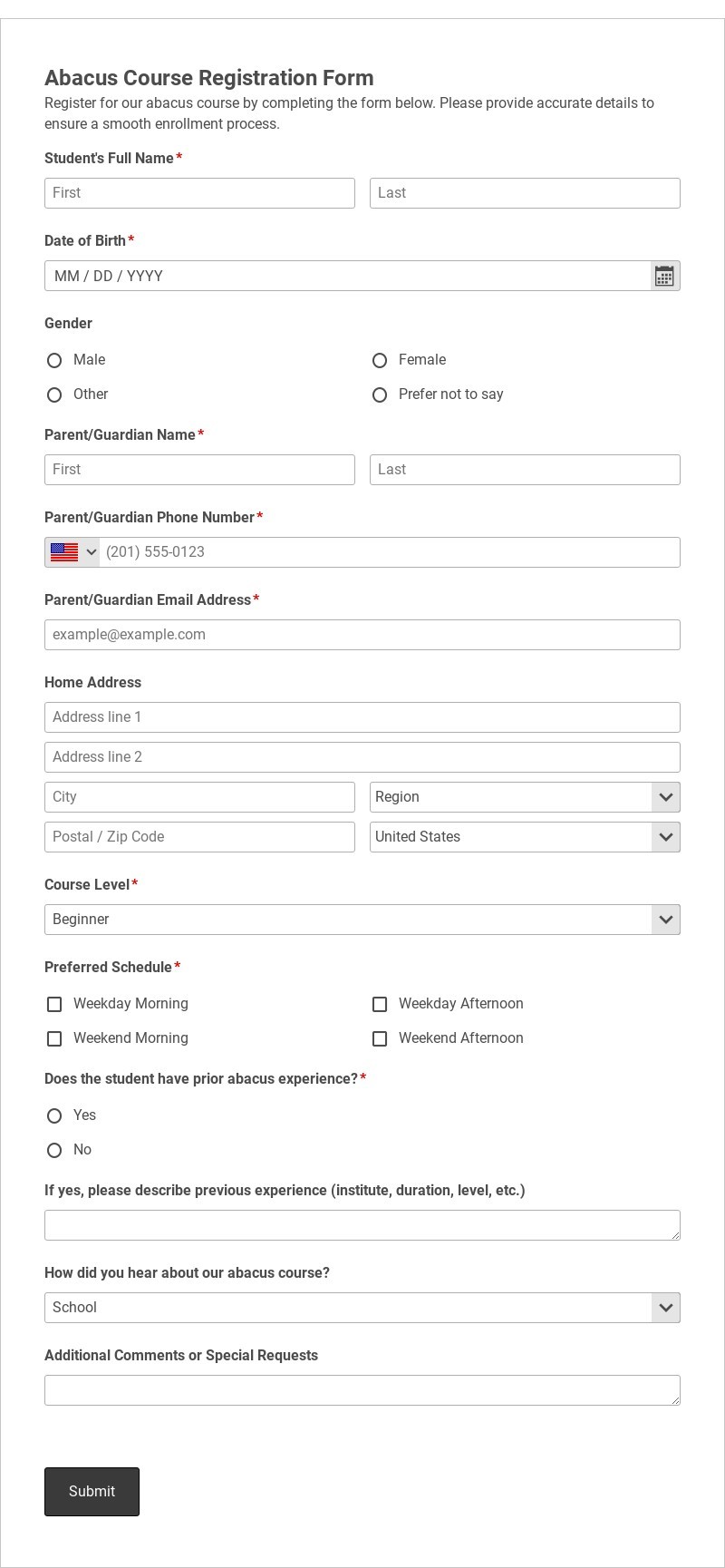 Abacus Course Registration Form Template form template