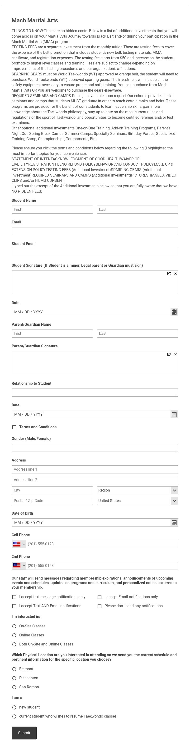 Mach Martial Arts Registration & Liability Waiver Form Template form template