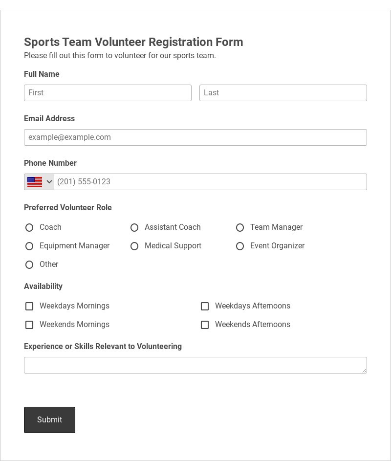 Sports Team Volunteer Registration Form Template form template