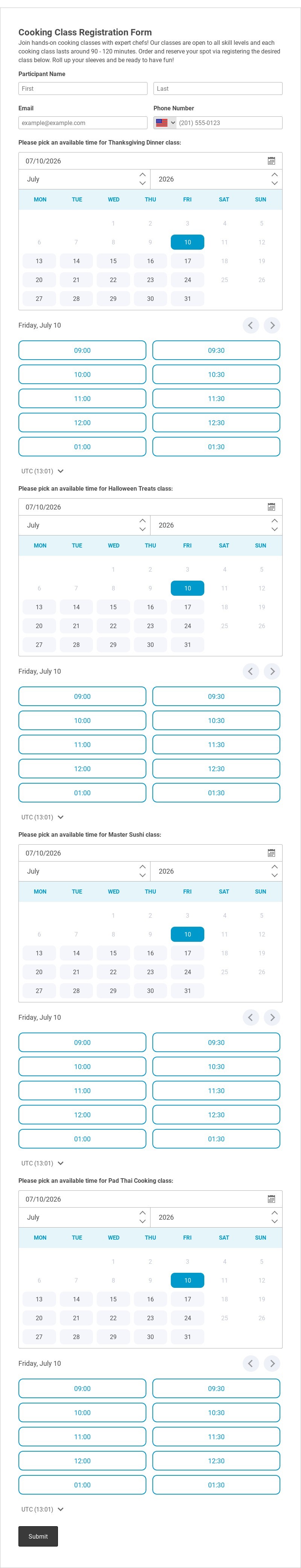 Cooking Class Registration Form Template form template
