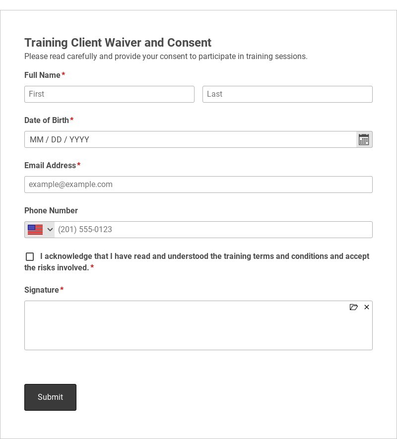 Training Client Waiver and Consent Form Template form template