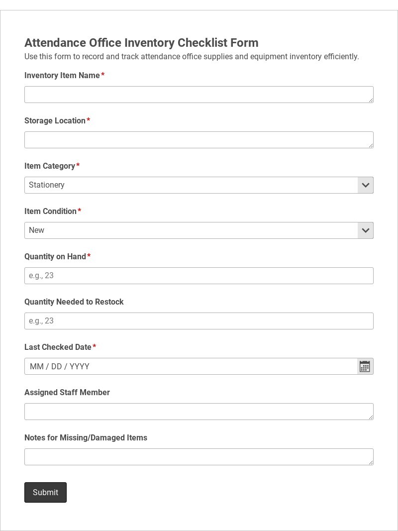 Attendance Office Inventory Checklist Form Template