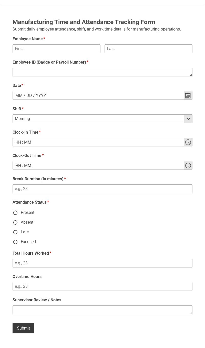 Manufacturing Time and Attendance Tracking Form Template