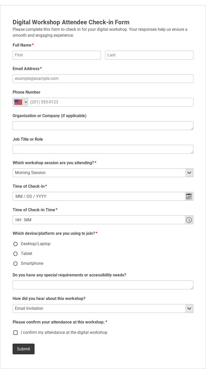 Digital Workshop Attendee Check-in Form