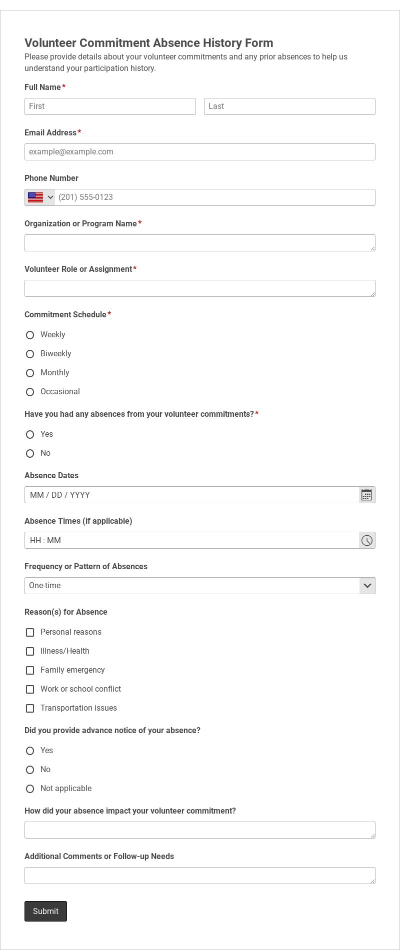 Volunteer Commitment Absence History Form Template form template