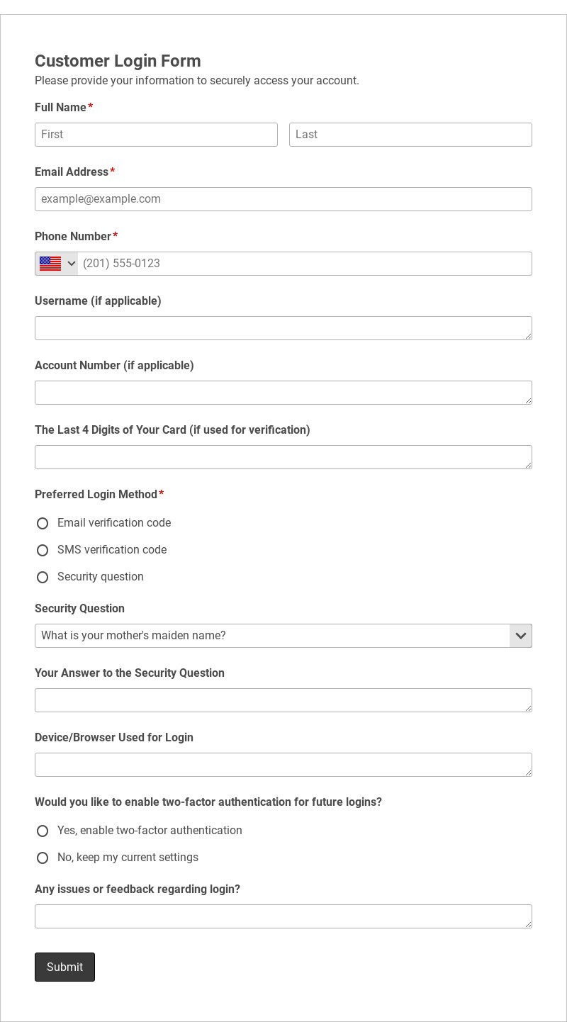 Customer Login Form Template form template