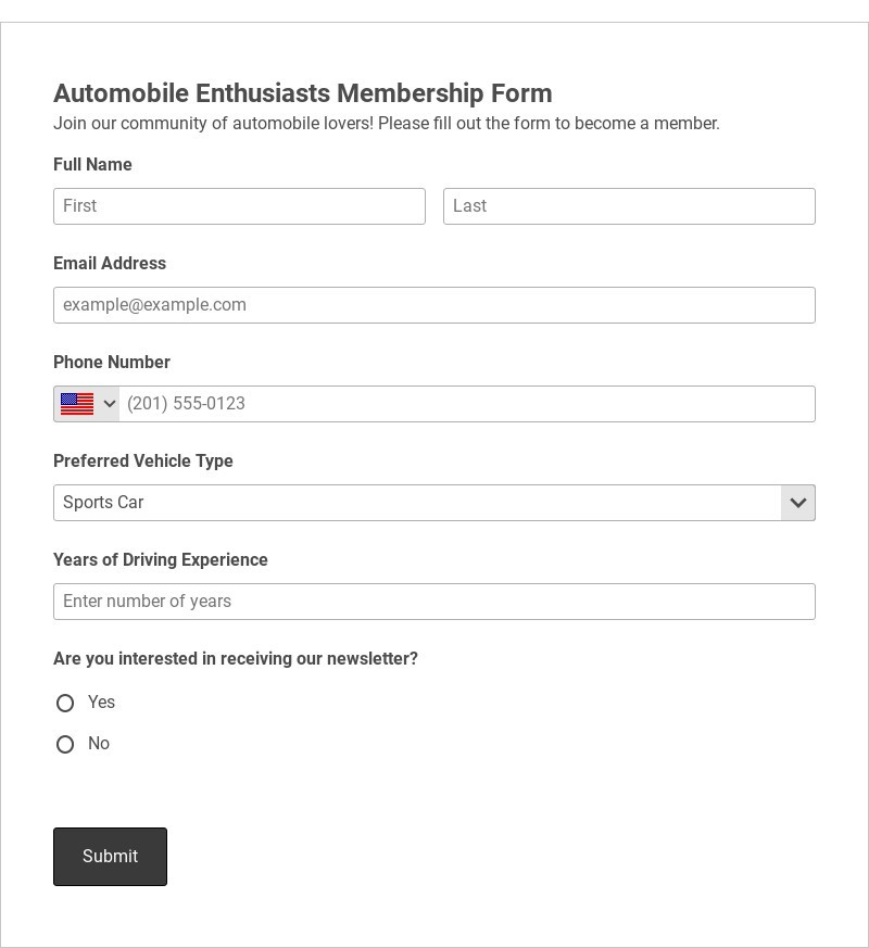 Automobile Enthusiasts Membership Form Template form template