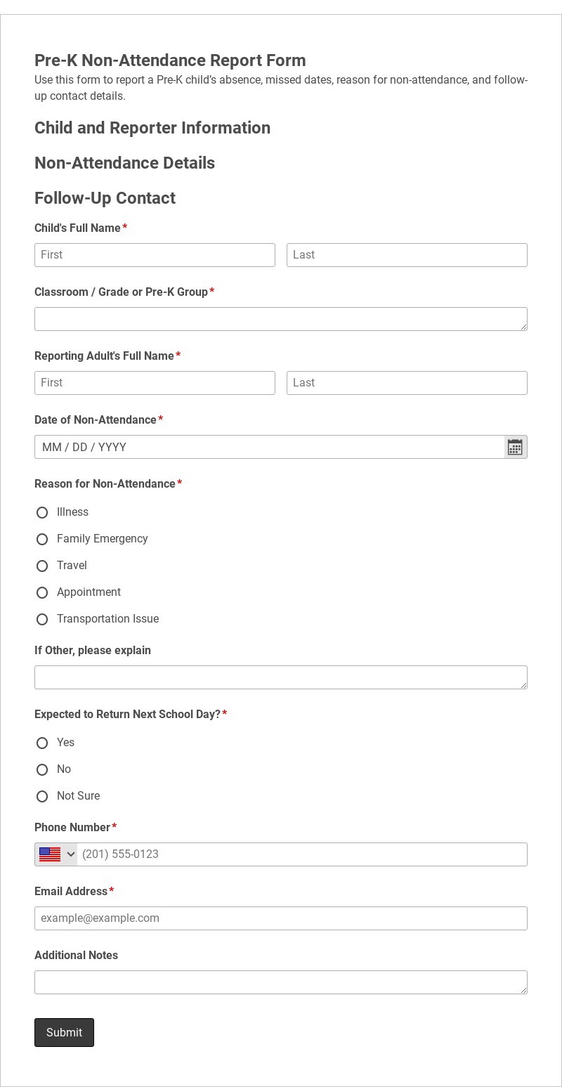 Pre-K Non-Attendance Report Form Template form template