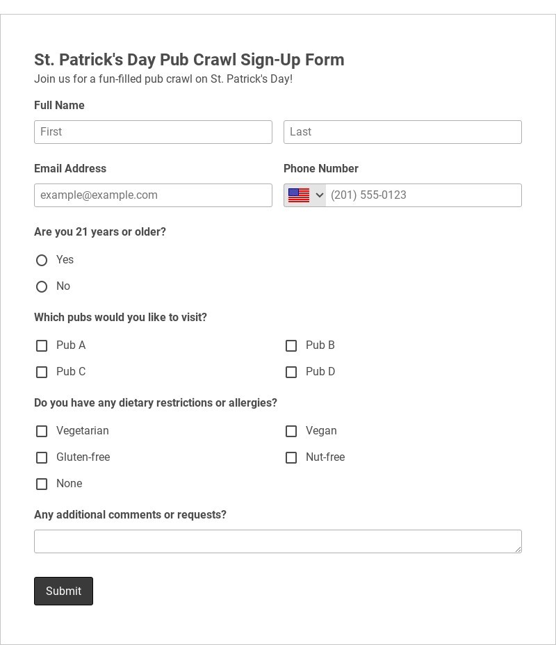 St. Patrick's Day Pub Crawl Sign-Up Form Template form template