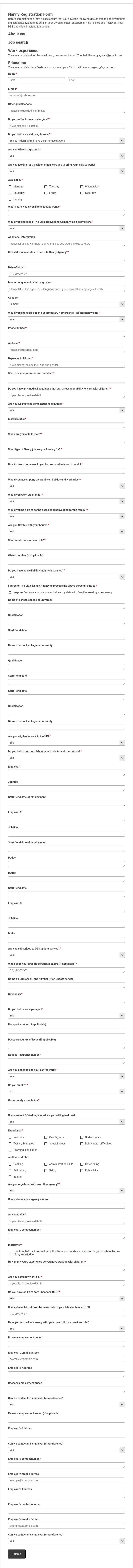 Nanny Registration Form Template