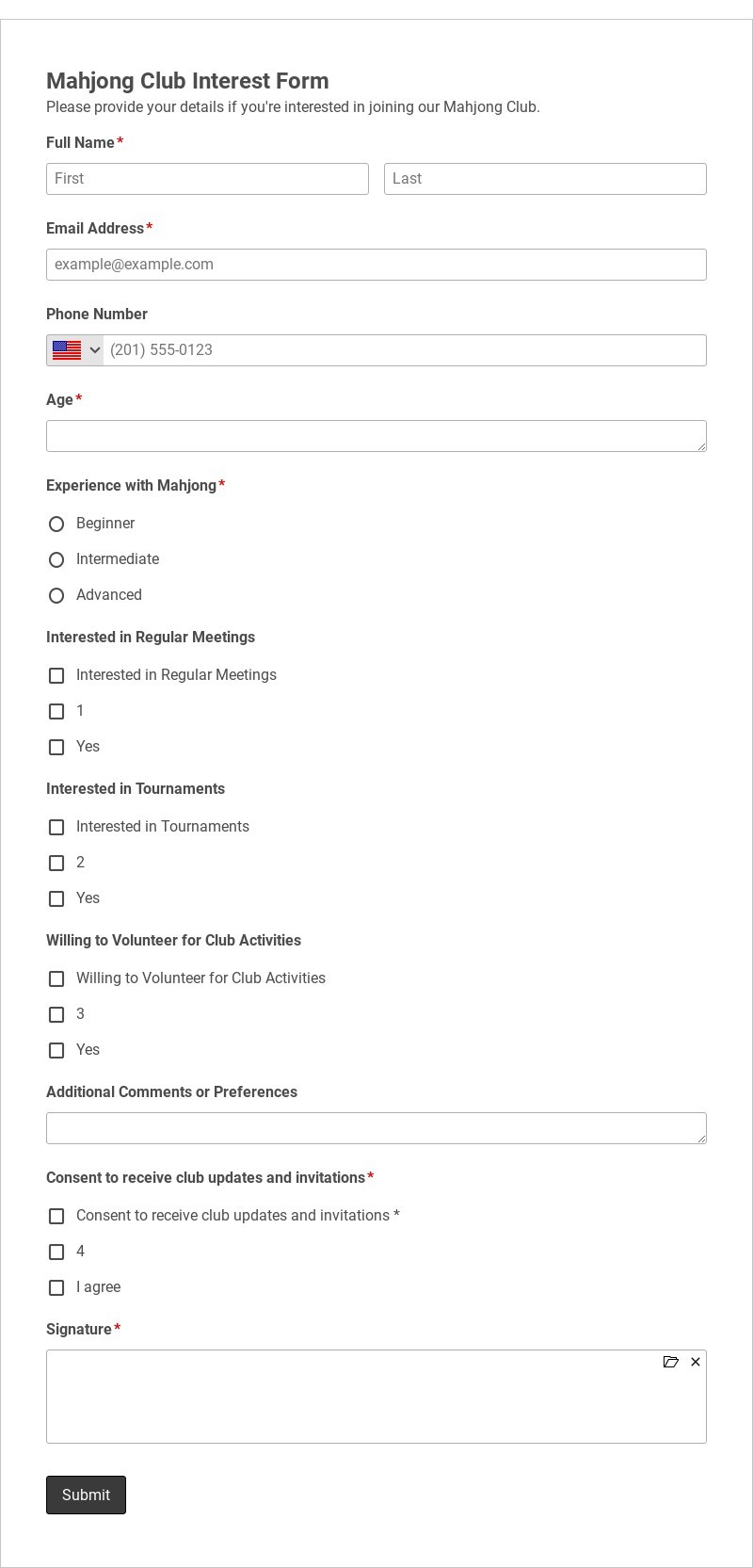 Mahjong Club Interest Form Template form template
