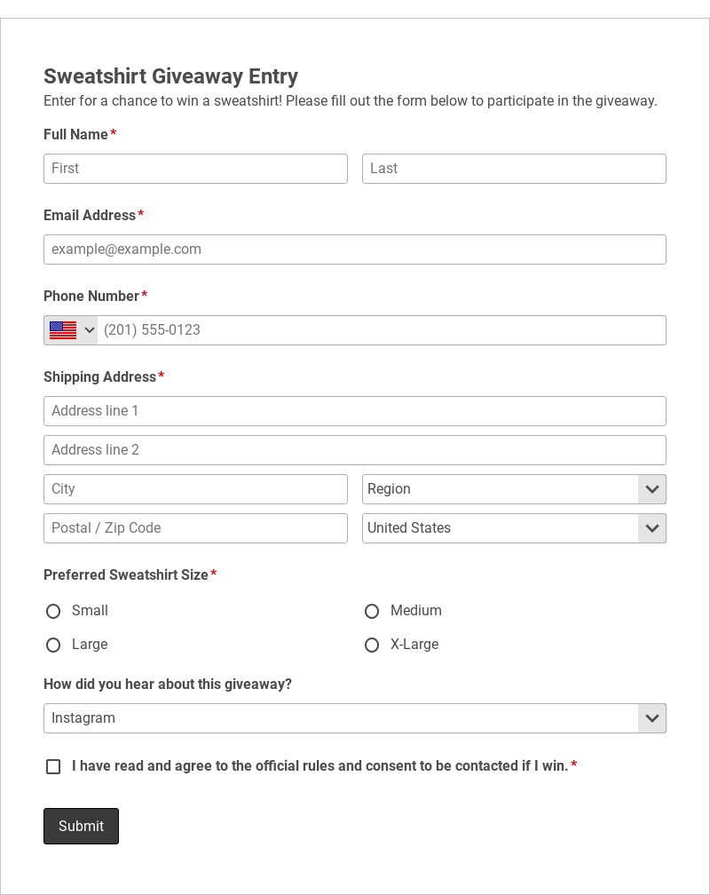 Sweatshirt Giveaway Entry Template form template