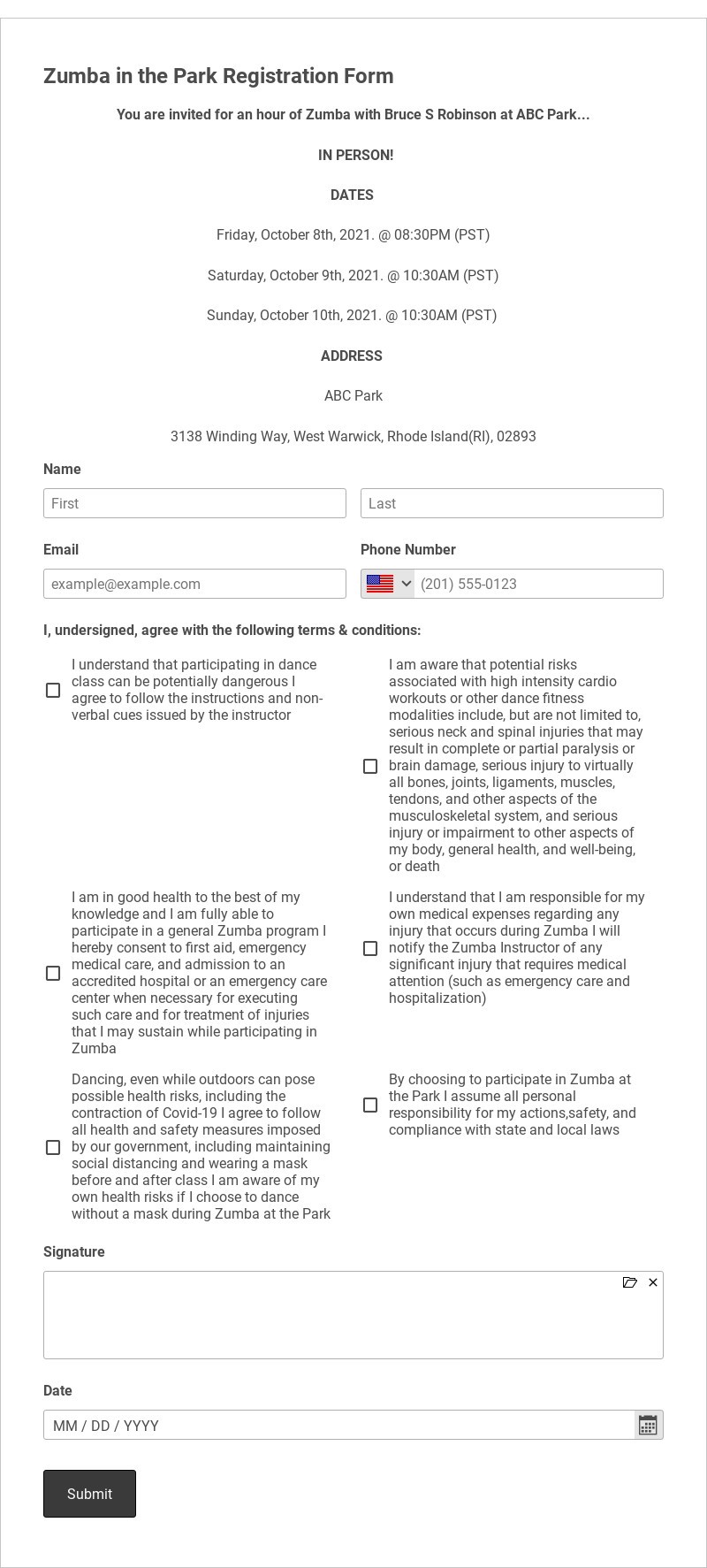 Zumba in the Park Registration Form Template form template