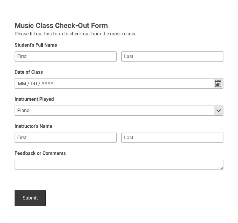 Music Class Check-Out Form Template form template