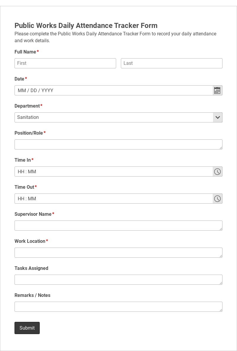 Public Works Daily Attendance Tracker Form Template