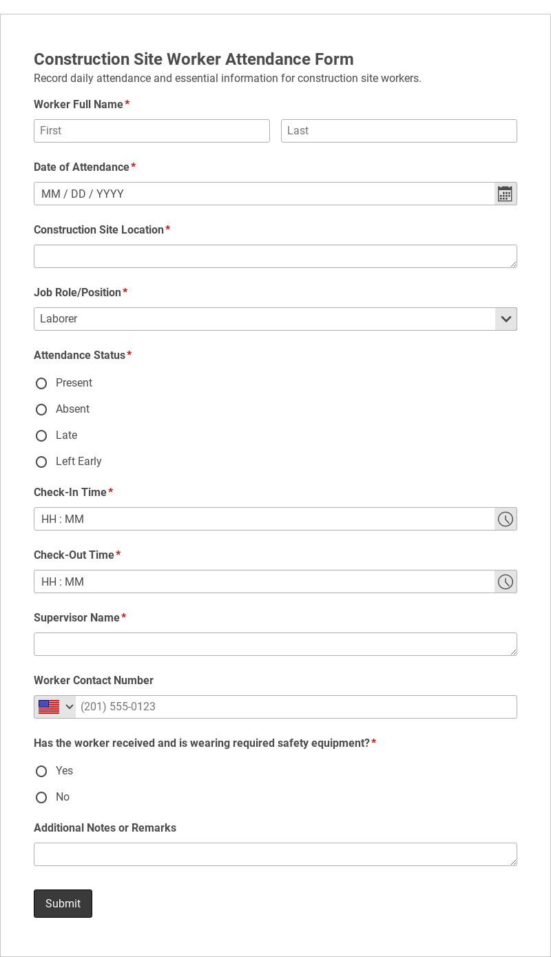 Construction Site Worker Attendance Form