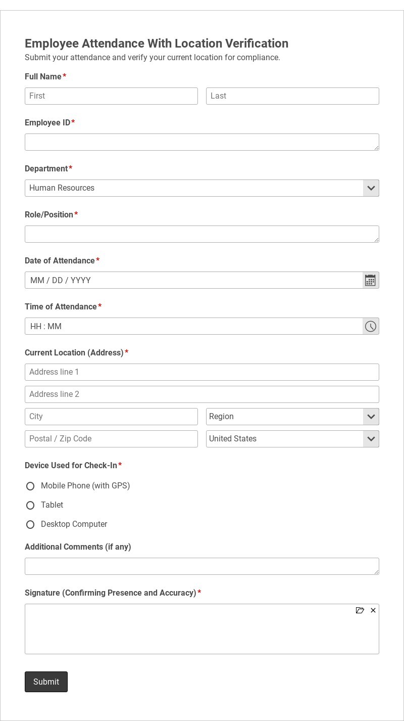 Employee Attendance With Location Verification Form Template form template