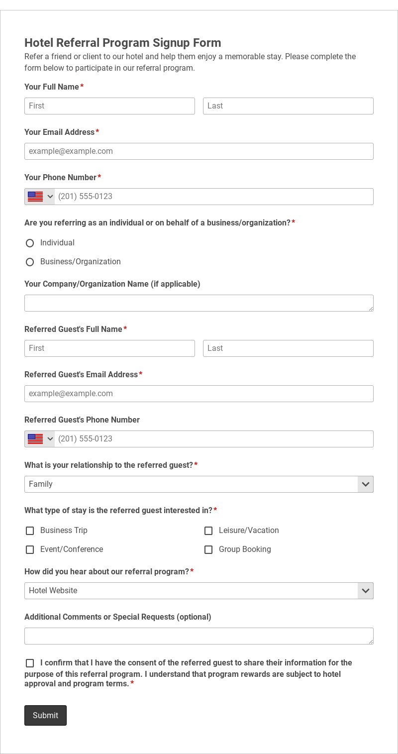 Hotel Referral Program Signup Form Template form template