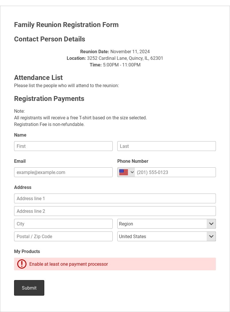 Family Reunion Registration Form Template