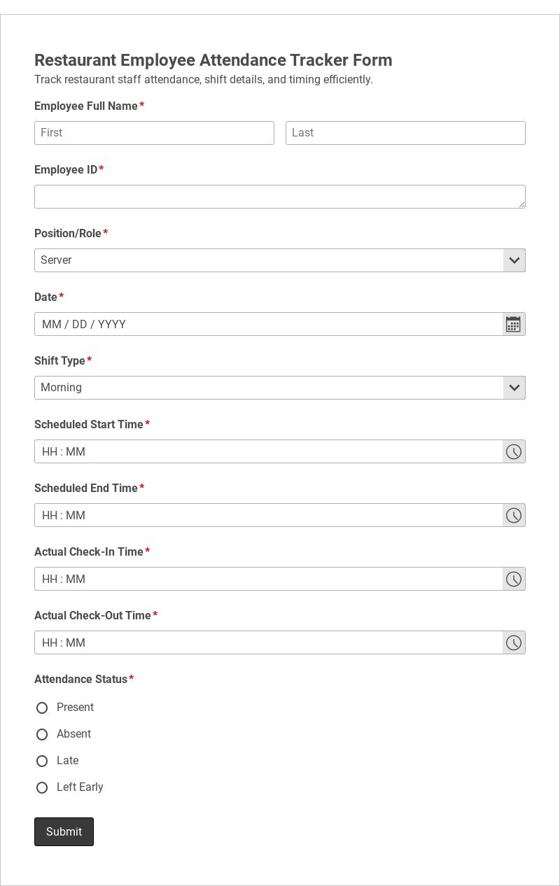 Employee Attendance Tracking Form Template