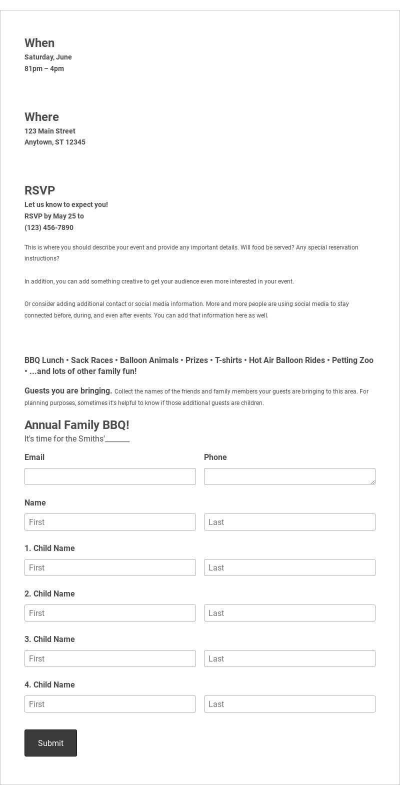 Family Event Registration Form Template form template