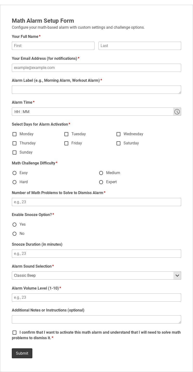 Math Alarm Setup Form Template form template