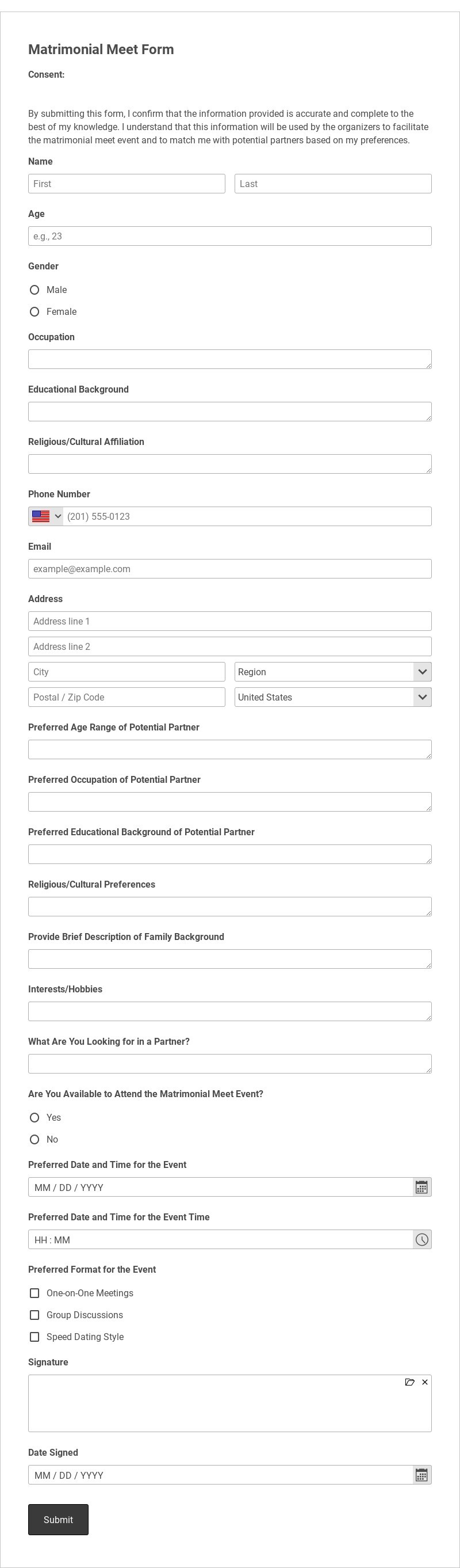 Matrimonial Meet Form Template form template