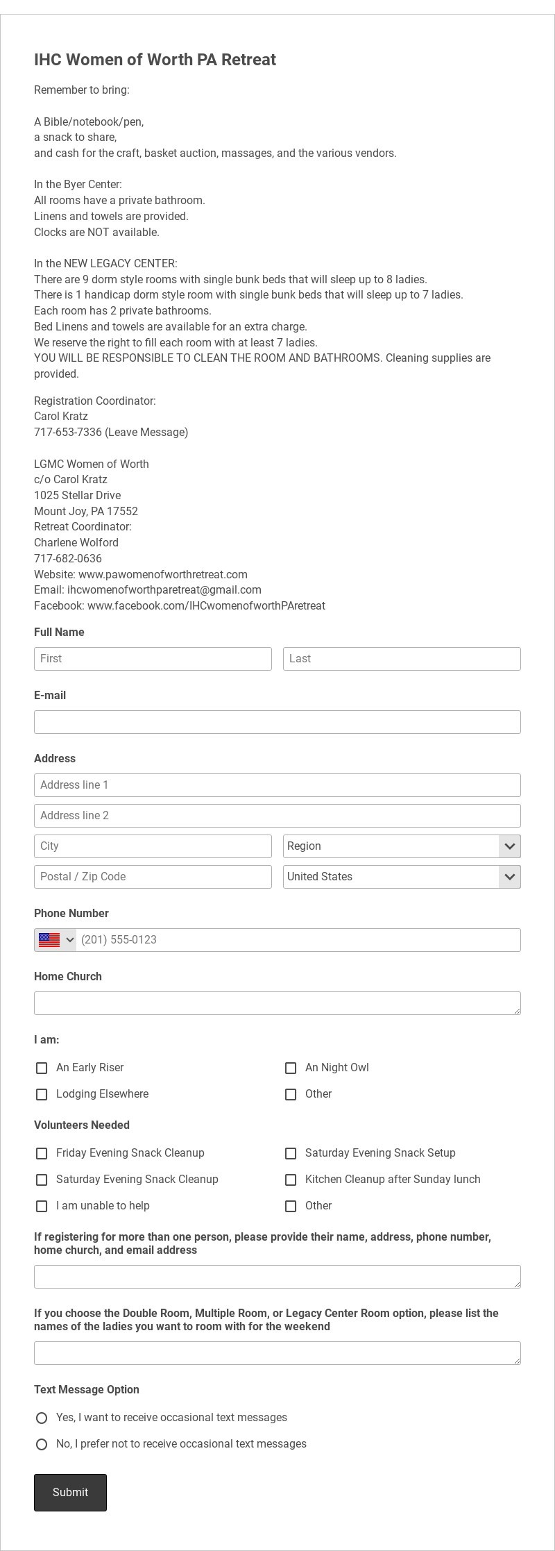 Pa Women of Worth Retreat Registration Form Template form template