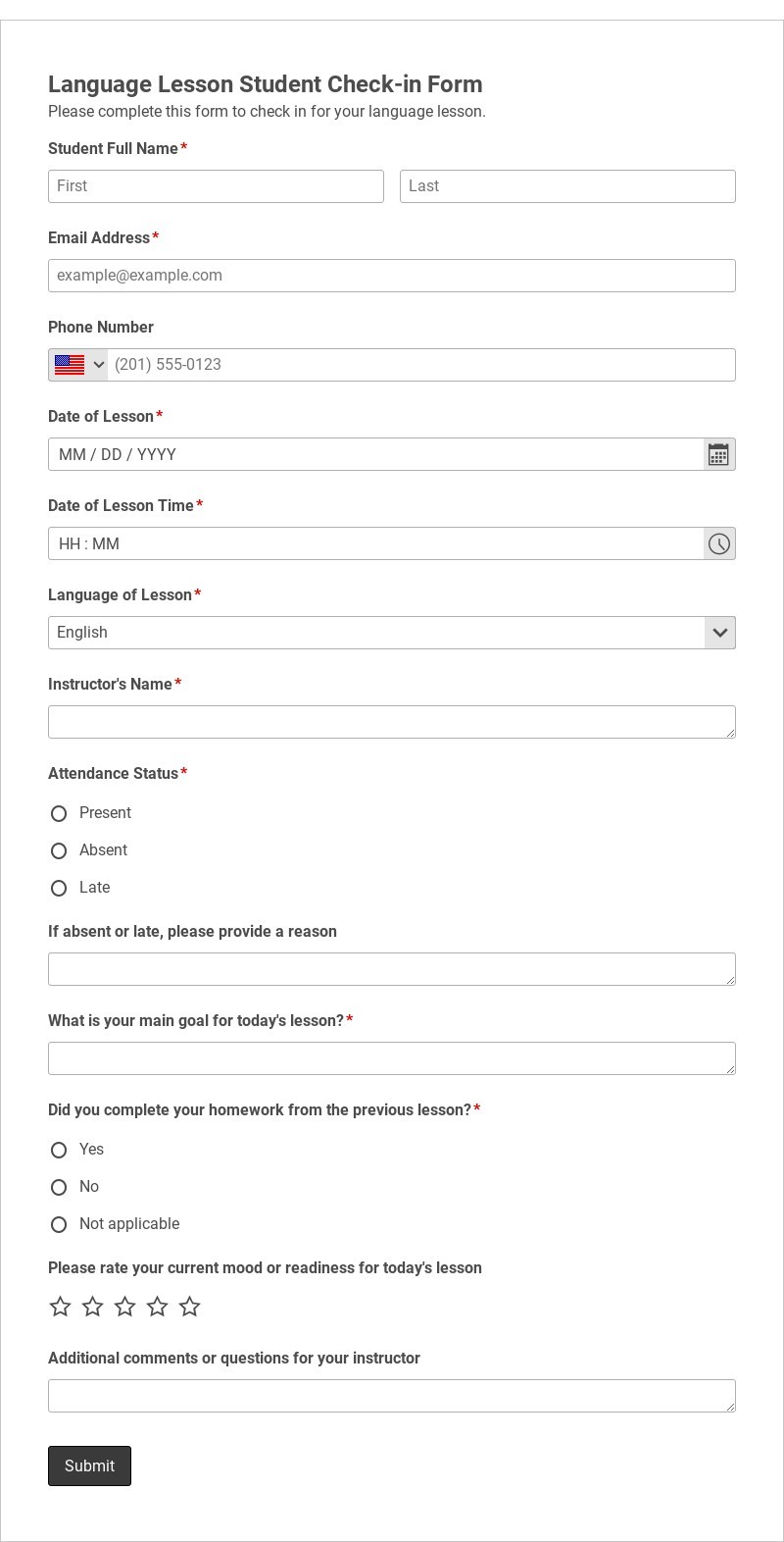 Language Lesson Student Check-in Form