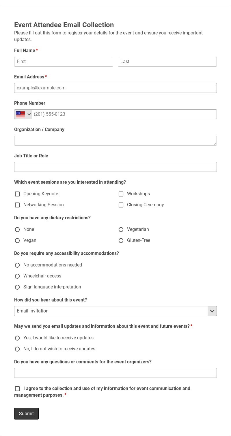 Event Attendee Email Collection Template form template