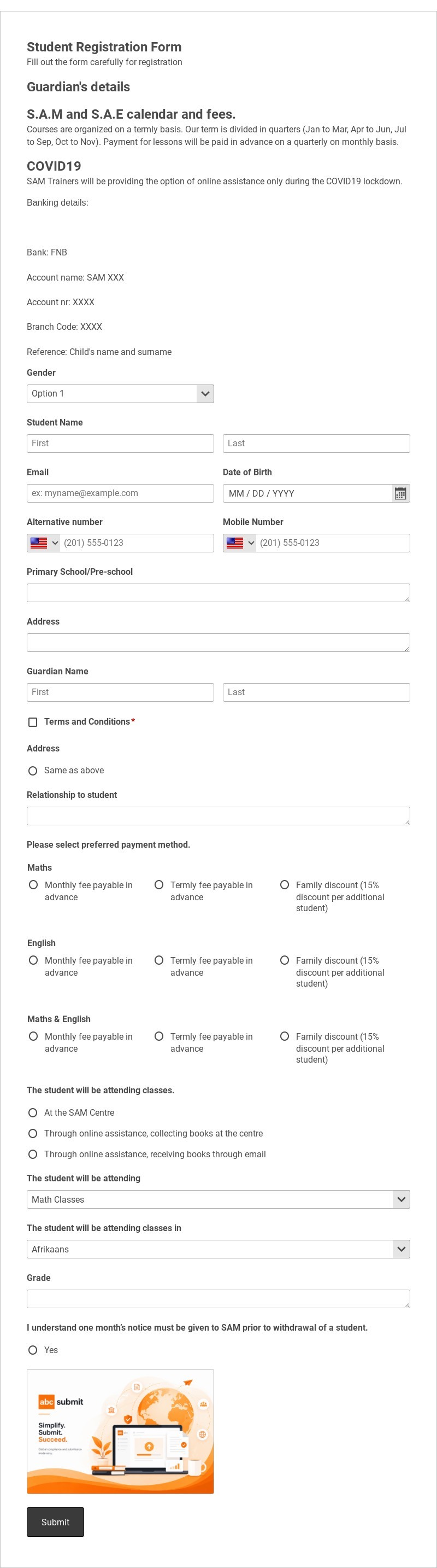 Math Student Registration Form Template form template