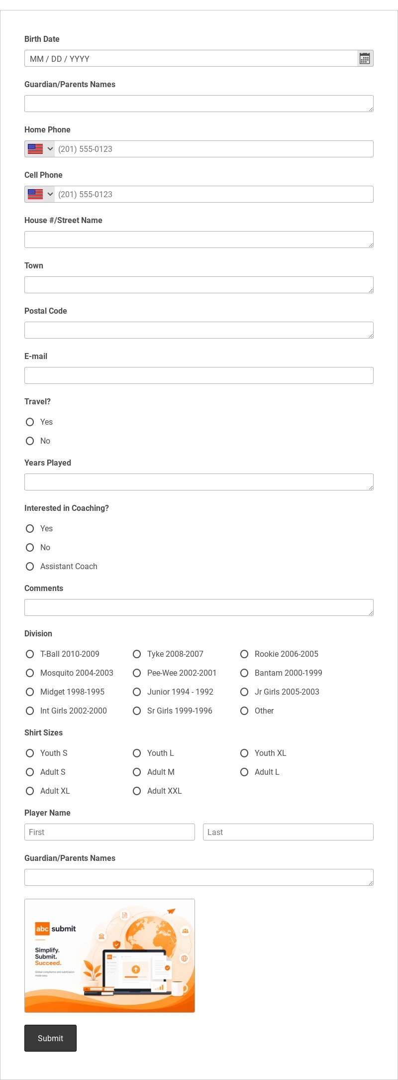 Minor Baseball Registration Form Template form template