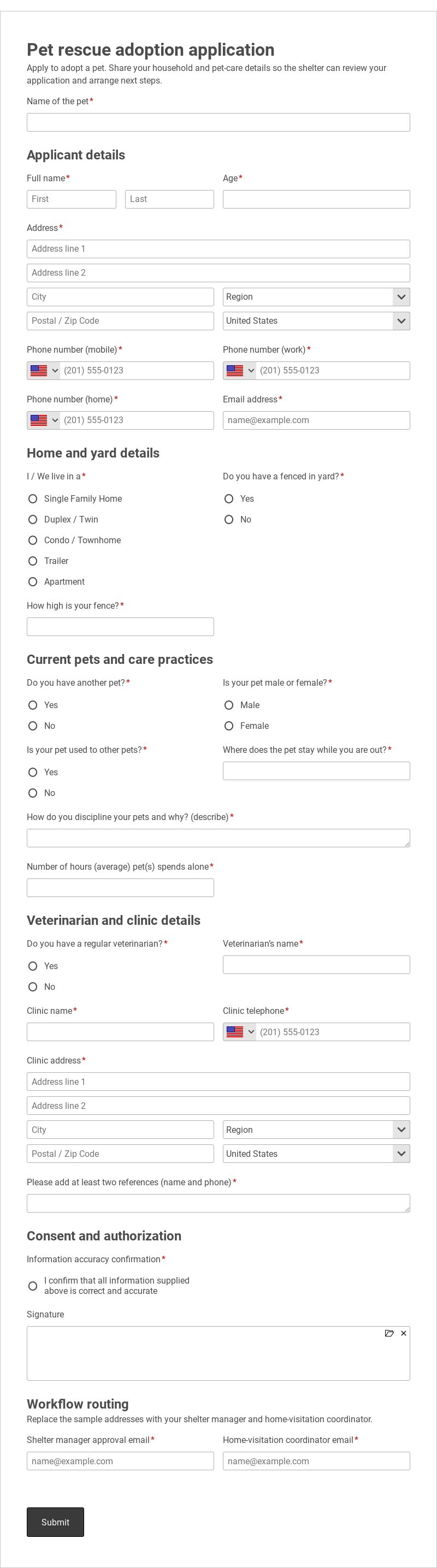 Animal Adoption Approval Workflow Template form template